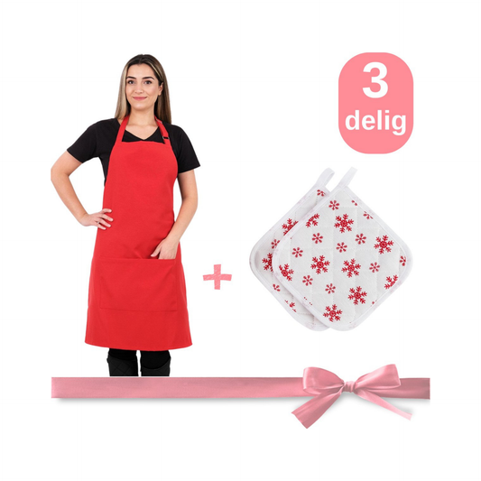Feestelijke Keuken Set - Keukenschort en 2 Pannenlappen